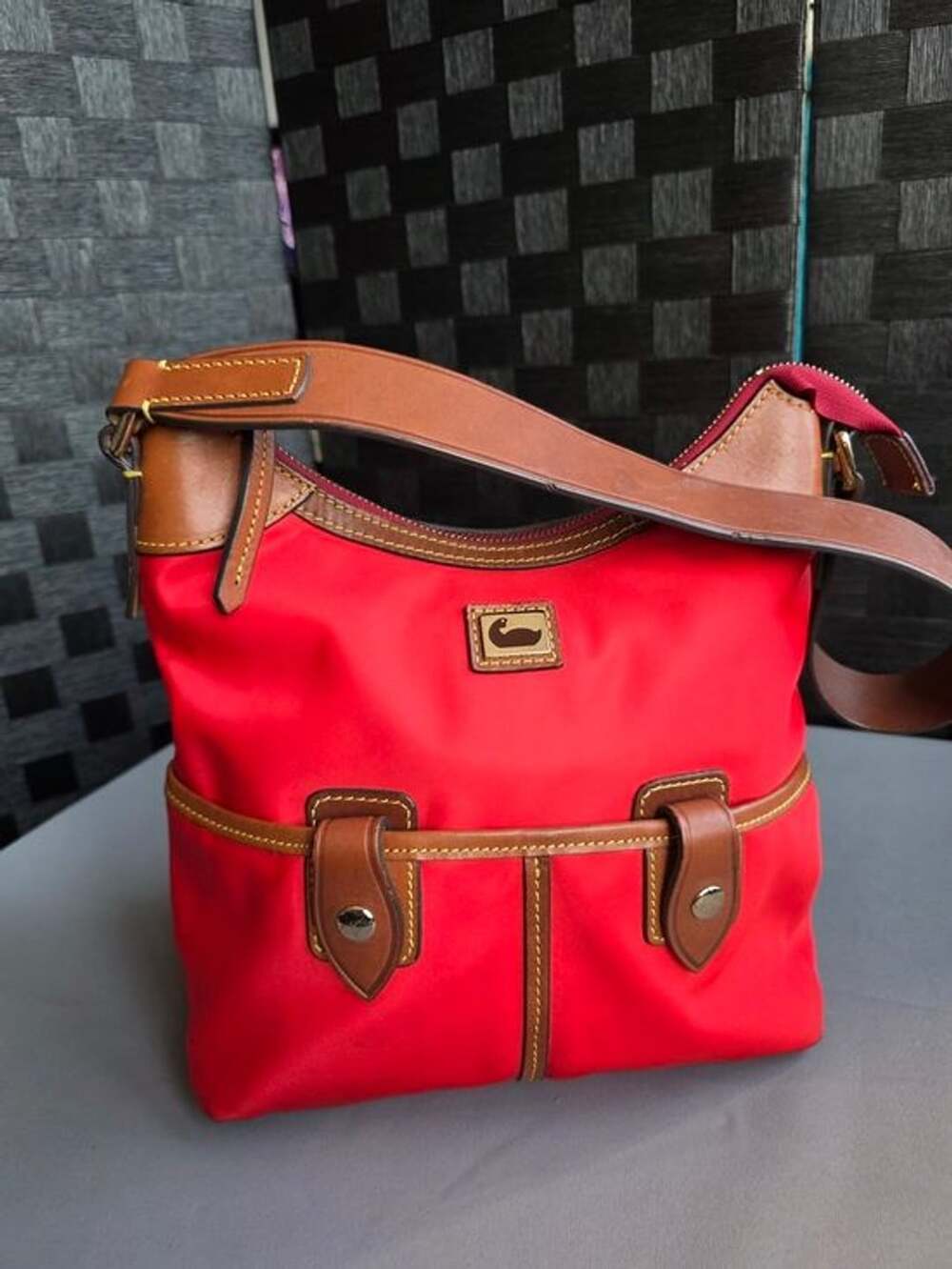 Dooney & Bourke Red Nylon Shoulder Bag Tan Leather Trim Duck Logo Purse